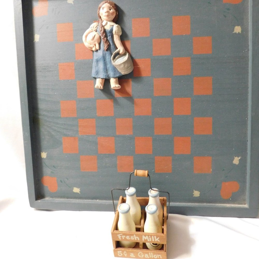 Vintage Miniature Milk Bottles with Crate Farm Girl on Wood Checkerboard